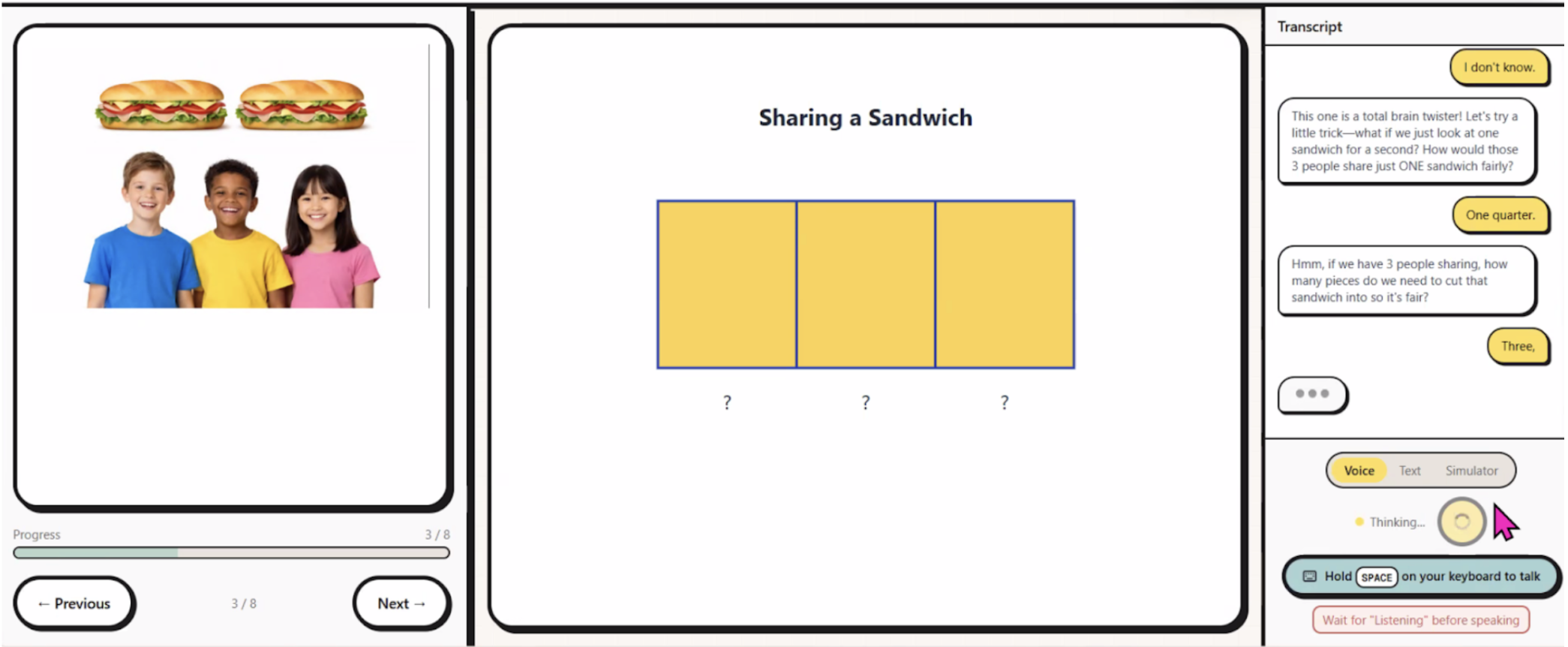Simili app showing a student working through a fraction problem about sharing sandwiches