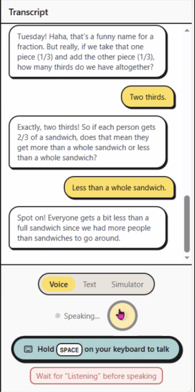 Simili voice transcript showing a student speaking through a math problem